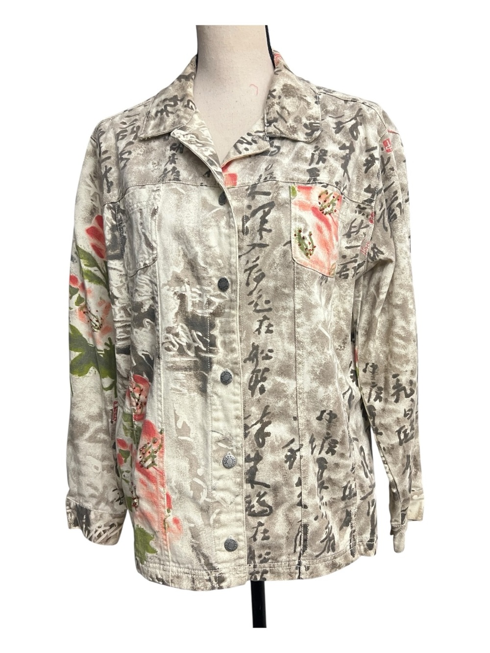 Vintage Chico's Floral & Script Button-Front Denim Jacket Size 2(L)